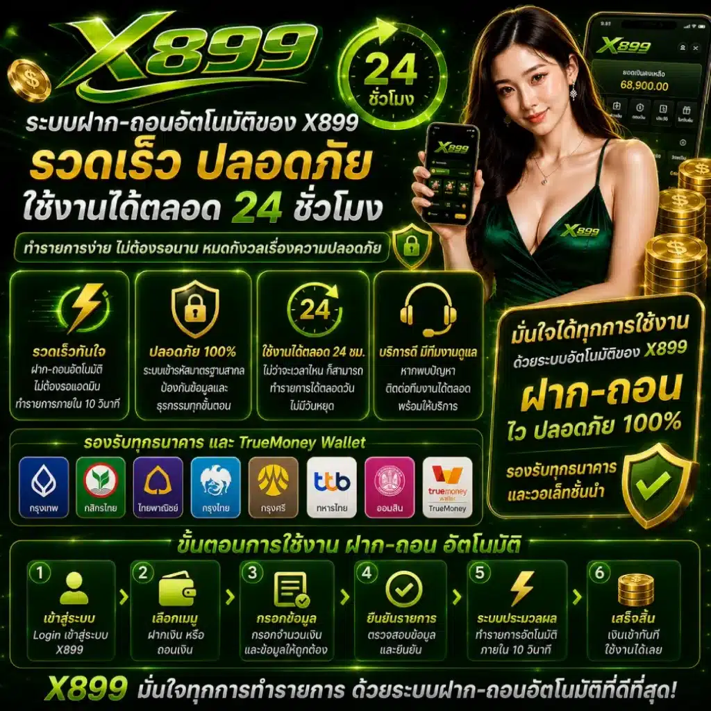 ระบบฝาก-ถอนอัตโนมัติของ X899 รวดเร็ว ปลอดภัย ใช้งานได้ตลอด 24 ชั่วโมง